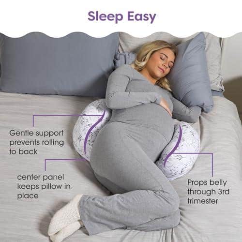 Boppy Side Sleeper Pregnancy Pillow, Gray Falling Leaves, Portable, Supportive Pregnancy Pillows for Sleeping on Your Side, Stay-Put Design with Stretchy Center Panel That Grows with Your Bump