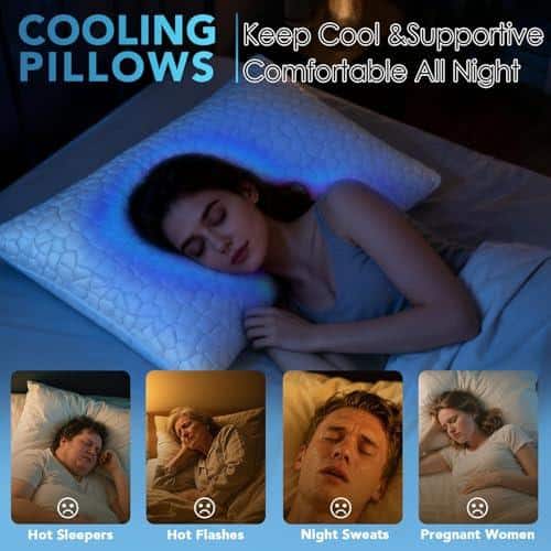 QUTOOL Cooling Pillow for Sleeping, CertiPUR-US Shredded Memory Foam Queen Pillows Set of 2, Cool Pillow for Hot Sleepers Adjustable Firm Pillow for Side, Back, Stomach Sleepers Soft Yet Support,White